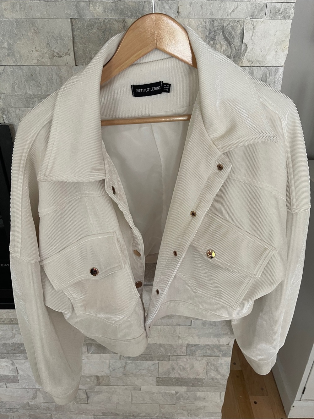 PrettyLittleThing Cream Corduroy Crop Jacket with Gold Buttons